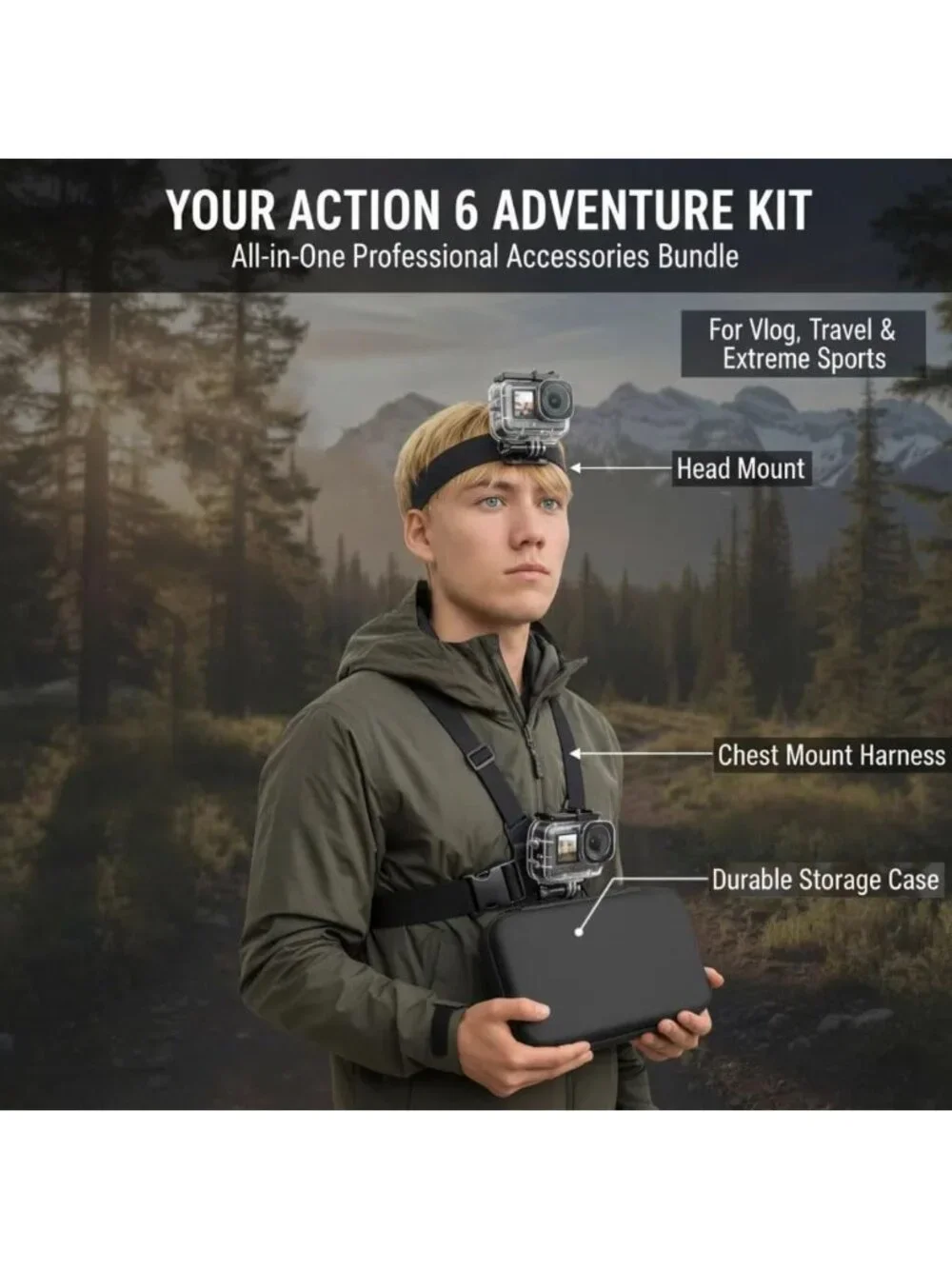 Ultimate Action Camera Accessories Kit: Waterproof Case, Selfie Stick, Clamp